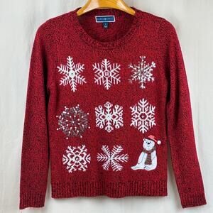 Karen Scott Polar Bear Snowflake Jacquard Red Holiday Sweater Women's Small